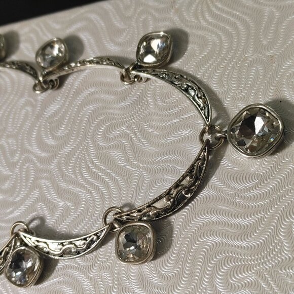 Crown Trifari Crystal Pave Necklace Vintage Silver Tone Filigree Clear Cushion - Picture 10 of 12